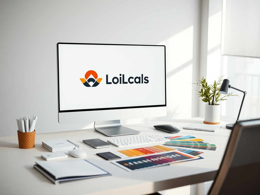 Mockup of a professional logo design on a computer screen, with business cards and color swatches on a desk